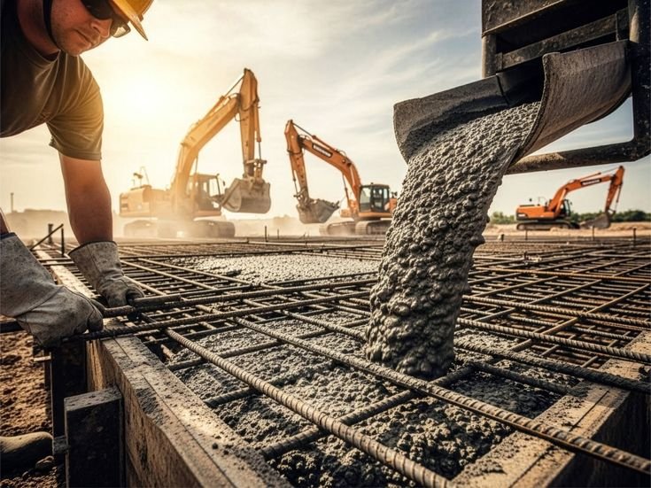 Services worker controls concrete flow from mixer truck while pouring foundation slab at construction site
